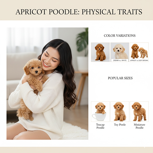 Đặc điểm ngoại hình chó Poodle vàng mơ (vàng kem) – lông xoăn nhẹ, gam màu vàng kem đến vàng đậm, phổ biến ở size Toy, Tiny, Teacup