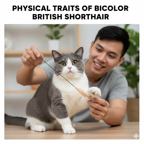 Đặc điểm ngoại hình mèo Anh lông ngắn bicolor với lông trắng xám và dáng tròn khỏe mạnh