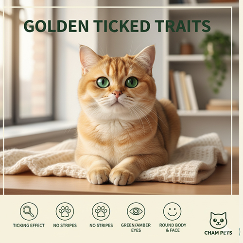 Mèo Anh lông ngắn Golden Ticked (ny25) với hiệu ứng ticking vàng óng, mắt xanh lục tròn và thân hình tròn trịa đặc trưng