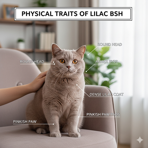 Đặc điểm ngoại hình mèo Anh lông ngắn lilac với mắt vàng hổ phách và lông tím khói