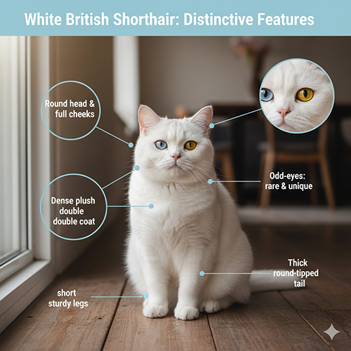 Đặc điểm ngoại hình mèo Anh lông ngắn trắng (British Shorthair White) với bộ lông trắng tinh khôi, mặt tròn bánh bao và mắt đa dạng màu, hiếm có odd-eyes.