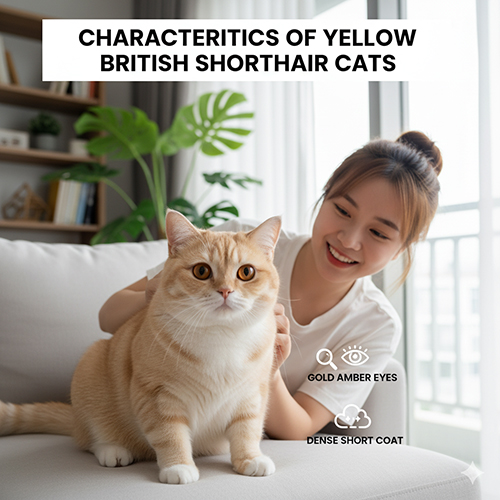 Mèo Anh lông ngắn vàng (British Shorthair Yellow-Cream) với bộ lông vàng sáng và đôi mắt hổ phách