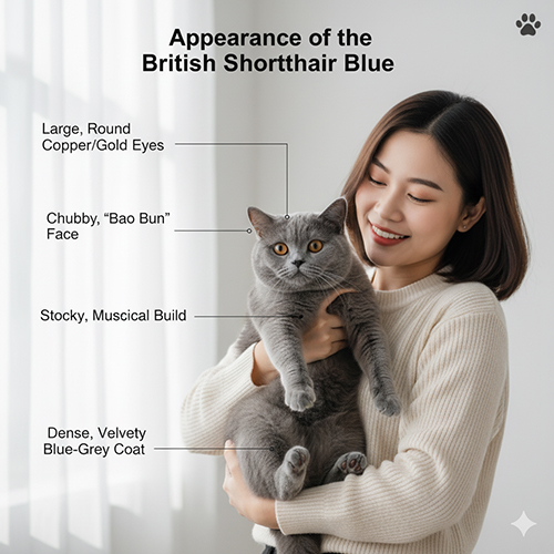 Đặc điểm ngoại hình mèo Anh lông ngắn xám xanh (British Shorthair Blue) với bộ lông xanh khói dày mịn, khuôn mặt tròn bánh bao và mắt vàng đồng.