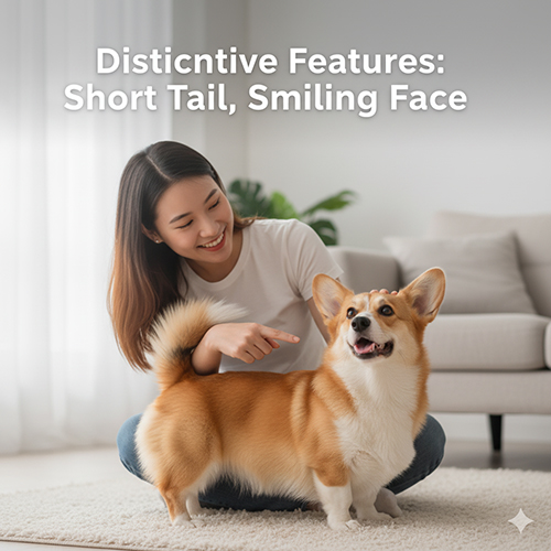 Cô gái chỉ vào chú Pembroke Corgi với khuôn mặt như đang cười và chiếc đuôi ngắn đặc trưng