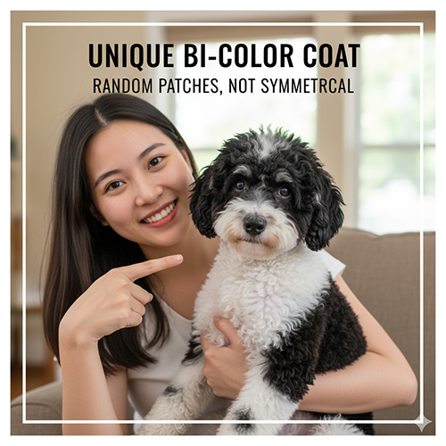 Ngoại hình chó Poodle bò sữa (Parti/bi-color) với nền lông trắng kết hợp mảng màu đen nổi bật, ngẫu nhiên không đối xứng