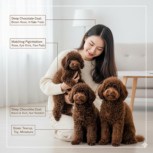 Đặc điểm ngoại hình chó Poodle socola – lông xoăn nâu chocolate trầm ấm, đồng bộ màu mũi và bàn chân
