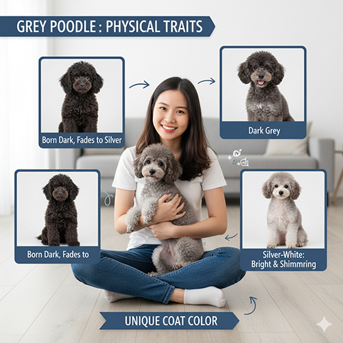 Đặc điểm ngoại hình chó Poodle xám – xám bạc, xám khói, xám đen