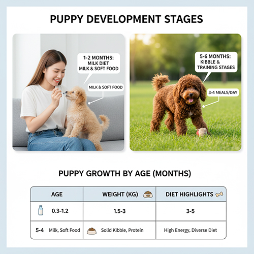 Đặc điểm phát triển của Poodle con từ 1 đến 6 tháng tuổi – cân nặng, hệ tiêu hóa và khẩu phần ăn