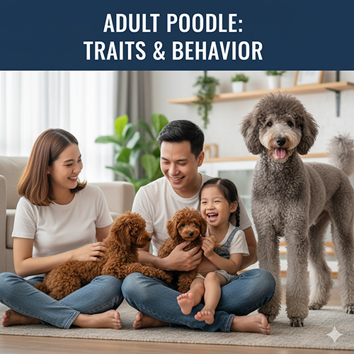 Đặc điểm Poodle trưởng thành: Toy cao 24–28 cm nặng 3–4,5 kg, Miniature 28–35 cm nặng 5–7 kg, Standard 45–60 cm nặng 18–25 kg; lông xoăn dày, trung thành, thông minh, ít nghịch phá.