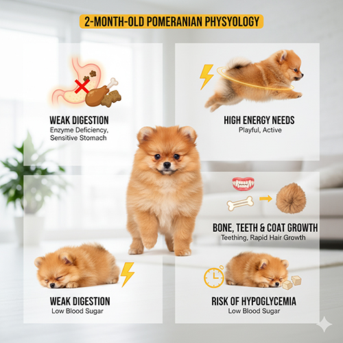 Infographic mô tả các đặc điểm sinh lý của chó Phốc Sóc 2 tháng tuổi bao gồm hệ tiêu hóa yếu, nhu cầu năng lượng cao, sự phát triển xương, răng, lông và nguy cơ hạ đường huyết, với các hình ảnh minh họa cho từng yếu tố và một chú chó Phốc Sóc con đáng yêu ở trung tâm.