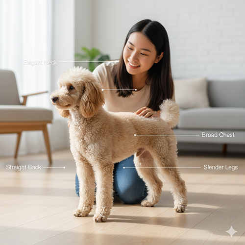 Đặc điểm thân hình chó Poodle: cổ dài, ngực nở, lưng thẳng, chân thon