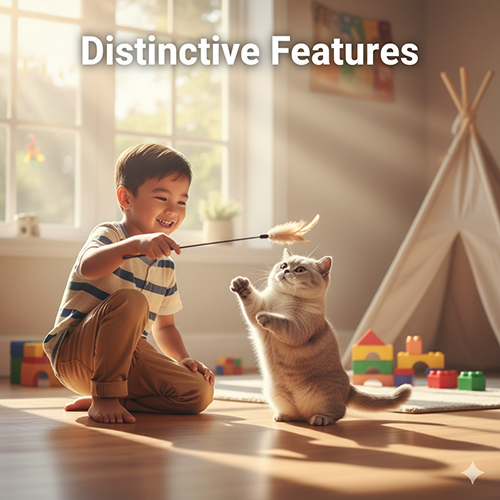 Bé trai chơi đùa cùng mèo Anh lông ngắn lai Munchkin chân ngắn trong phòng đầy ánh sáng