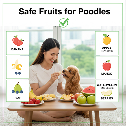 Danh sách hoa quả an toàn cho chó Poodle: chuối, táo, xoài, dưa hấu, lê, dâu tây, việt quất