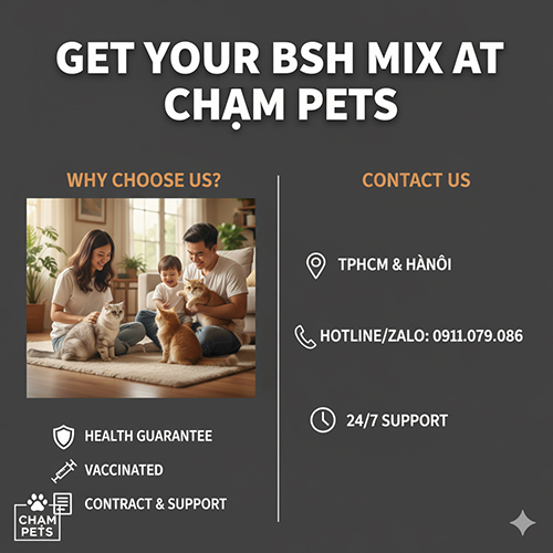 Đặt mua mèo Anh lông ngắn lai tại Chạm Pets – địa chỉ uy tín TPHCM & Hà Nội