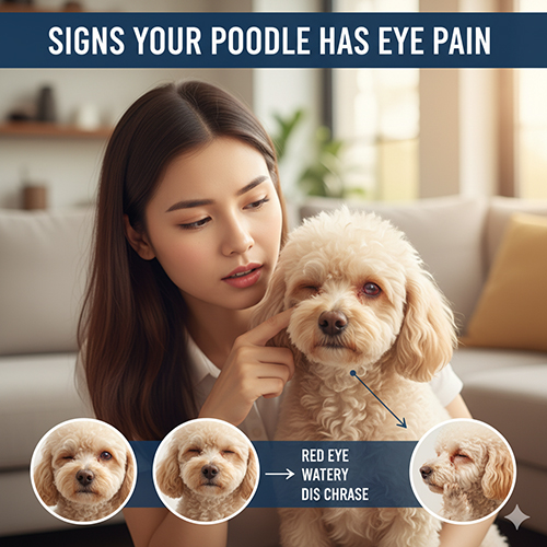 Dấu hiệu chó Poodle bị đau mắt: chảy nước mắt, mắt đỏ sưng, nheo mắt, sợ ánh sáng và thay đổi thị lực