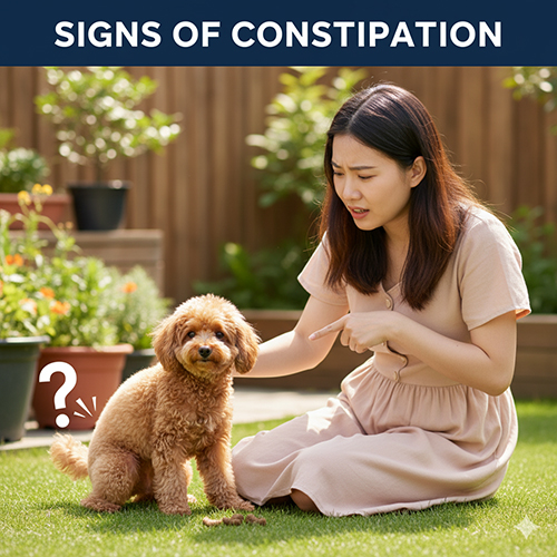 Dấu hiệu chó Poodle bị táo bón – rặn nhiều, phân khô cứng, bỏ ăn, bụng căng cứng