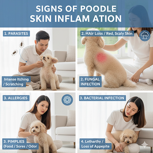 Dấu hiệu chó Poodle bị viêm da: ngứa ngáy, rụng lông, da đỏ bong vảy, mụn mủ và mệt mỏi