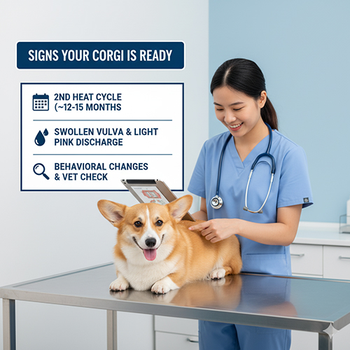 Dấu hiệu Corgi sẵn sàng cho lần đẻ đầu: động dục lần 2, âm hộ sưng và ra dịch hồng nhạt, thay đổi hành vi, soi trứng thú y.