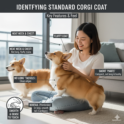 Corgi lông ngắn Standard với bộ lông ôm sát, gọn gàng, không có tua dài ở tai – chân – đuôi, minh họa các đặc điểm nhận biết.