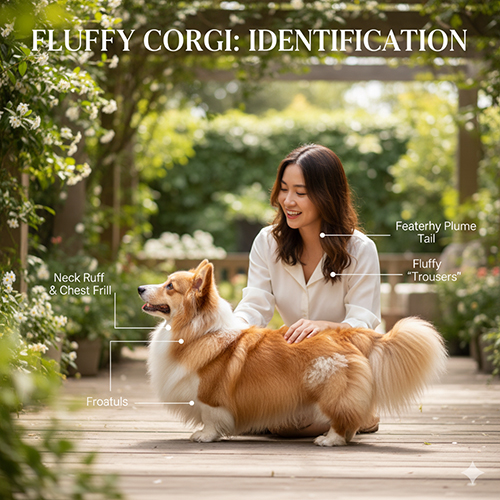 Corgi lông dài Fluffy với bộ lông bờm cổ, ngực, mông và đuôi phồng bồng bềnh, minh họa cách nhận biết khác biệt với Corgi lông ngắn.