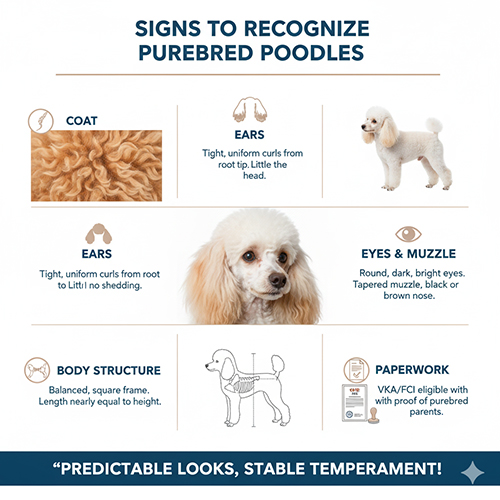 Dấu hiệu nhận biết Poodle thuần chủng: lông xoăn đều từ gốc đến ngọn, tai dài rủ, mắt tròn đen sáng, dáng cân đối, có giấy tờ VKA/FCI