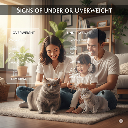 Dấu hiệu mèo Anh lông ngắn thừa cân gồm bụng chảy xệ, khó sờ xương sườn, lười vận động; thiếu cân gồm xương lộ rõ, lông xơ xác, kém linh hoạt