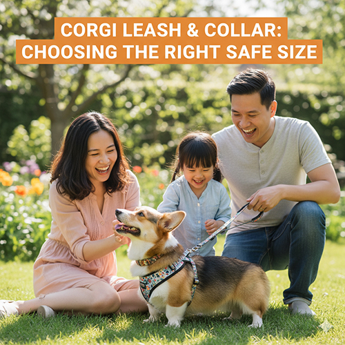Gia đình vui vẻ cùng chó Corgi đeo dây dắt an toàn ngoài công viên