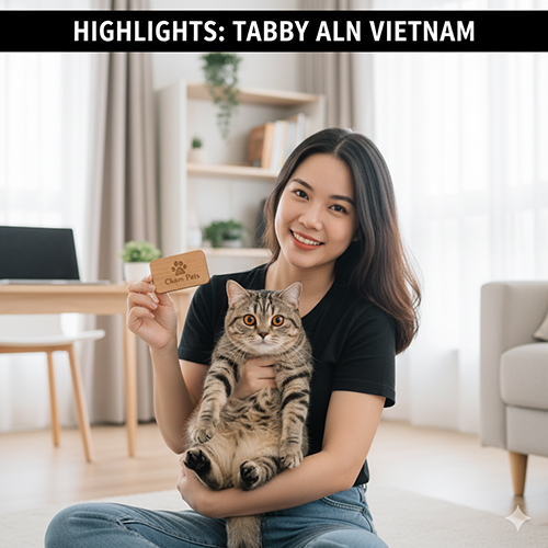 Cô gái cầm bảng Chạm Pets và ôm mèo mướp lai mèo Anh lông ngắn có lông tabby sọc đẹp mắt