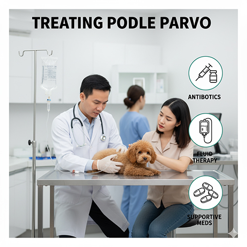 Điều trị Parvo ở chó Poodle – truyền dịch, kháng sinh, thuốc hỗ trợ, huyết thanh