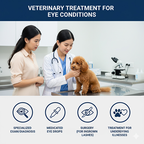 Điều trị đau mắt ở chó Poodle tại thú y: khám mắt chuyên sâu, thuốc nhỏ mắt, phẫu thuật quặm lông mi, điều trị bệnh nền