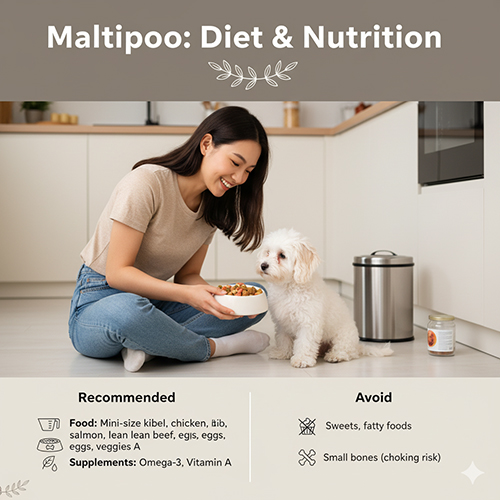 Chế độ ăn uống Maltipoo – Poodle lai Maltese: ăn hạt mini, thịt gà, cá hồi, bò nạc, trứng, rau củ; bổ sung omega-3, vitamin A; tránh đồ ngọt, dầu mỡ và xương nhỏ