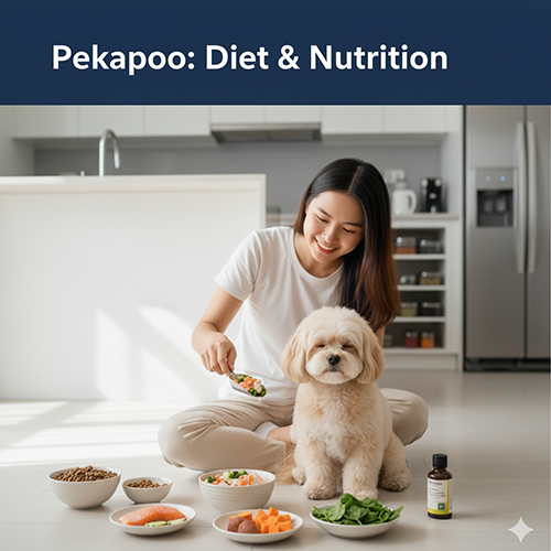 Chế độ ăn uống Pekapoo – Poodle lai Bắc Kinh: khẩu phần nhỏ 2 bữa/ngày, ăn hạt mini, thịt gà, cá, rau củ; bổ sung omega-3 và vitamin A; tránh đồ dầu mỡ và tinh bột thừa