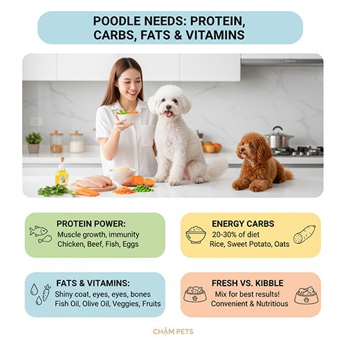 Dinh dưỡng cần thiết cho chó Poodle: protein, tinh bột, chất béo, vitamin & lưu ý chăm sóc