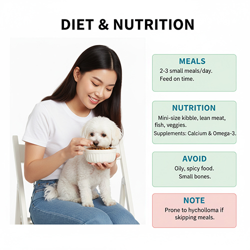 Chế độ ăn Chipoo: 2–3 bữa nhỏ/ngày, hạt mini, thịt nạc, cá, rau củ, bổ sung canxi và omega-3, tránh đồ dầu mỡ cay và xương nhỏ
