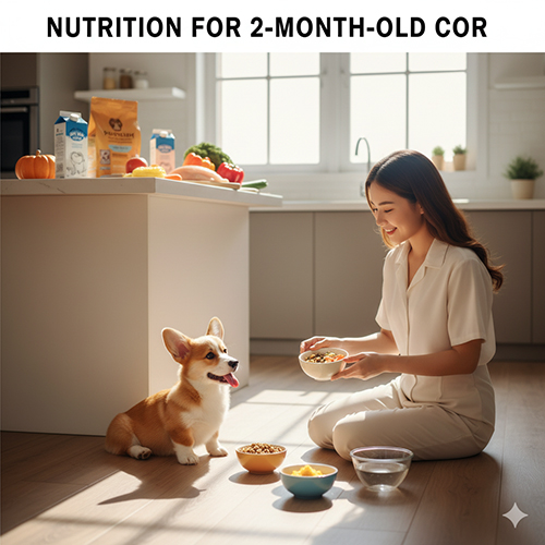 Dinh dưỡng cho Corgi 2 tháng tuổi: hạt khô ngâm mềm, pate, cháo thịt, sữa chuyên dụng, rau củ nghiền, ăn 4 bữa/ngày.