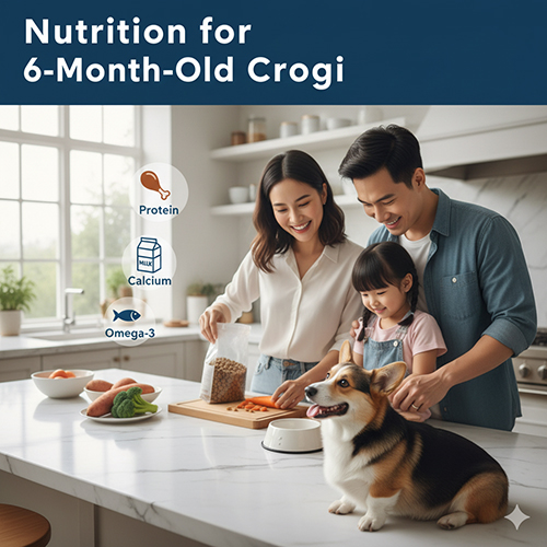 Gia đình chuẩn bị bữa ăn dinh dưỡng cho Corgi 6 tháng tuổi với protein, canxi và omega-3