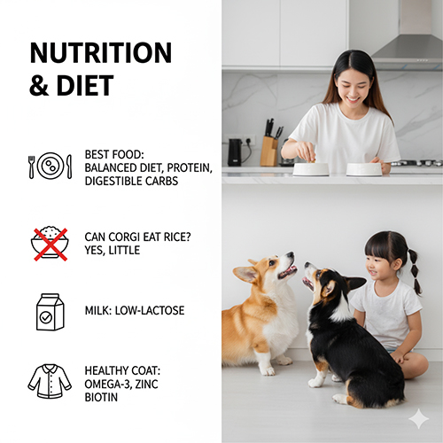 Dinh dưỡng chó Corgi – ăn gì tốt, có ăn cơm không, sữa lactose thấp, dưỡng lông bằng Omega-3 kẽm biotin