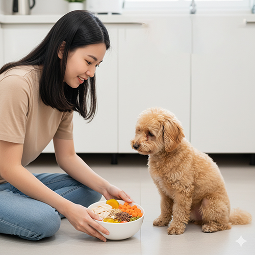 Dinh dưỡng chó Poodle kem – protein, omega-3, rau củ màu cam giúp lông sáng đẹp