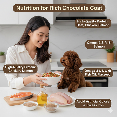 Dinh dưỡng chó Poodle socola – protein, omega-3, omega-6, vitamin E giúp giữ màu lông nâu trầm đẹp