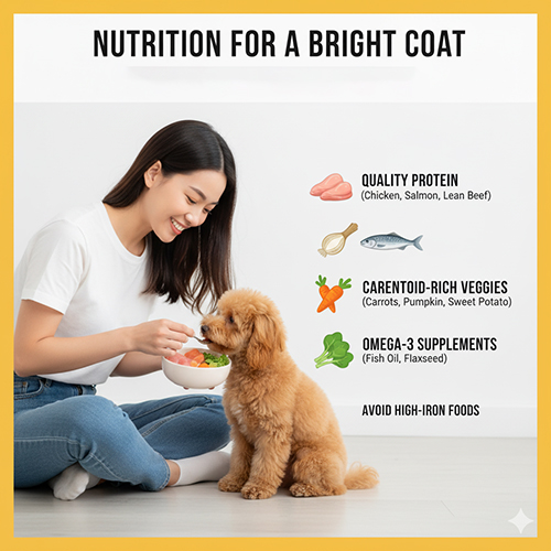 Dinh dưỡng cho chó Poodle vàng mơ (vàng kem) – protein, rau củ giàu carotenoid, Omega-3 giúp lông sáng đẹp