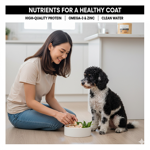 Chó Poodle bò sữa (Parti/bi-color) được cho ăn thực phẩm giàu protein và omega-3 để giữ bộ lông bóng đẹp