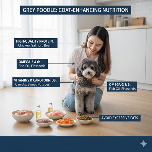 Dinh dưỡng giúp giữ màu lông chó Poodle xám bạc sáng đẹp