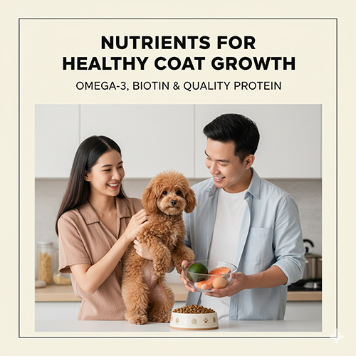 Chó Poodle được cho ăn bổ sung omega-3, biotin và đạm chất lượng để hỗ trợ mọc lông dày, bóng khỏe sau khi cạo lông máu