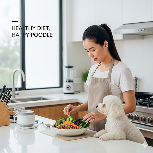 Cô gái chuẩn bị bữa ăn lành mạnh cho chó Poodle trắng trong bếp với rau củ, hạt và thịt tươi.