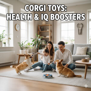 Một gia đình hạnh phúc gồm bố, mẹ và một em bé đang chơi đùa cùng hai chú chó Corgi trong phòng khách. Một chú Corgi đang kéo co với đồ chơi, chú còn lại đang tương tác với đồ chơi trí tuệ. Hình ảnh thể hiện vai trò của đồ chơi trong việc tăng cường sức khỏe và trí tuệ cho Corgi.