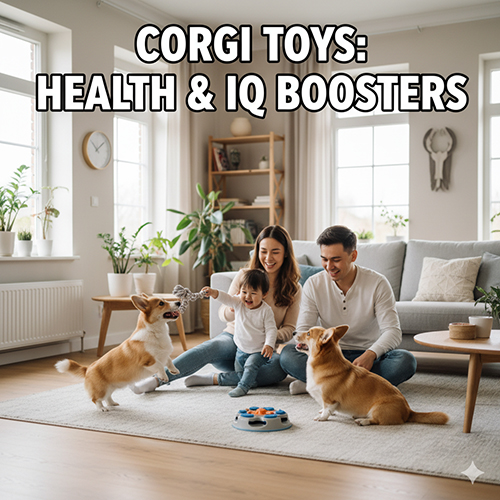 Một gia đình hạnh phúc gồm bố, mẹ và một em bé đang chơi đùa cùng hai chú chó Corgi trong phòng khách. Một chú Corgi đang kéo co với đồ chơi, chú còn lại đang tương tác với đồ chơi trí tuệ. Hình ảnh thể hiện vai trò của đồ chơi trong việc tăng cường sức khỏe và trí tuệ cho Corgi.