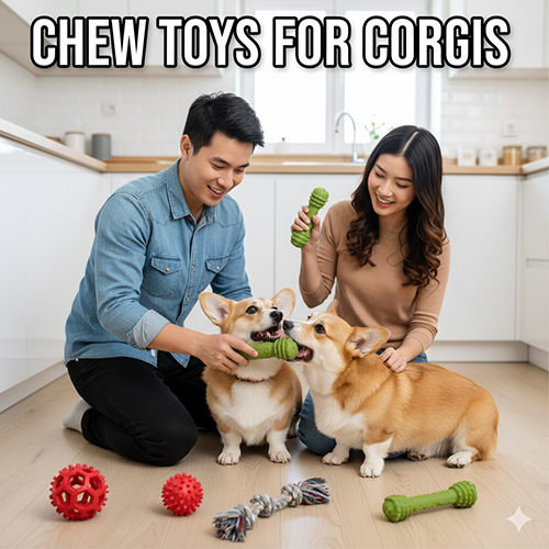 Một cặp đôi đang vui vẻ chơi đùa với hai chú chó Corgi trong bếp, sử dụng đồ chơi gặm nhai bằng cao su. Xung quanh có nhiều đồ chơi gặm nhai khác như xương giả, bóng cao su. Hình ảnh minh họa tác dụng của đồ chơi gặm nhai trong việc chăm sóc răng miệng và giải trí cho Corgi.