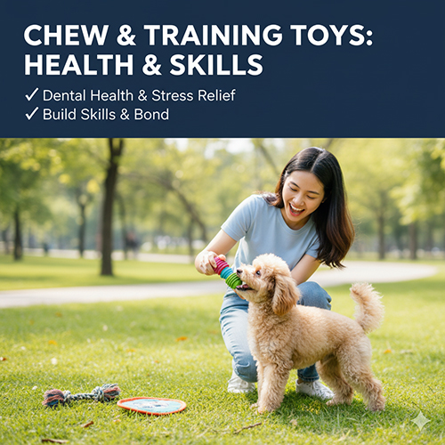 Đồ chơi gặm và huấn luyện cho chó Poodle – chew toy cao su tự nhiên, tug toy kéo co, bóng, frisbee mềm