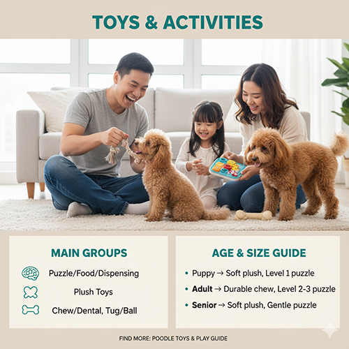 Gia đình chơi cùng chó Poodle với nhiều loại đồ chơi như puzzle, plush và đồ nhai gặm