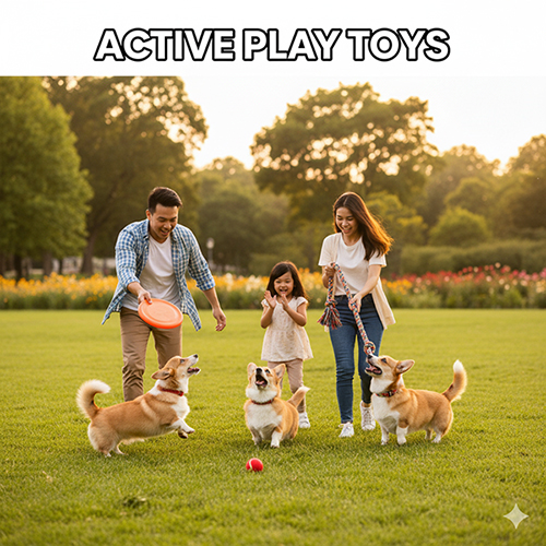 Một gia đình gồm bố, mẹ và một bé gái đang vui vẻ chơi đùa cùng ba chú chó Corgi trên bãi cỏ rộng. Họ sử dụng đĩa bay (frisbee) và dây thừng (rope toy) để Corgi chạy nhảy và vận động, tạo ra những khoảnh khắc gắn kết hạnh phúc.